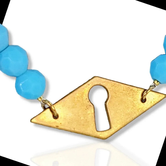 Artisan Keyhole Necklace  Opaque Glass Turquoise Beads Brass I Love U Ch… - Picture 9 of 11